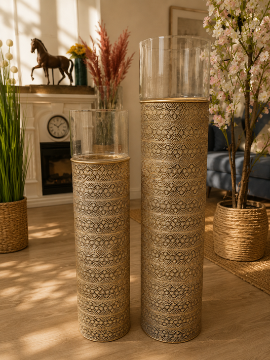 Gold Pillars Candle Metal Holders Set 2 Gold Colour Large Glass Summer 2023