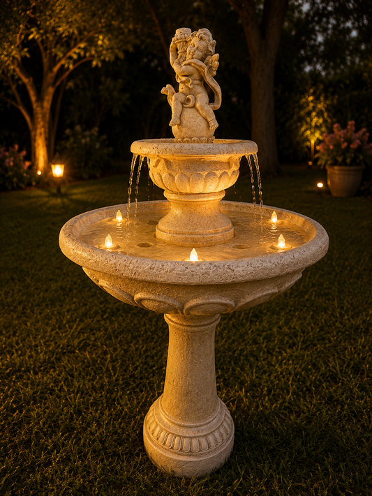 Basilica ff-white birdbath with a graceful angel multi spouts SOLAR