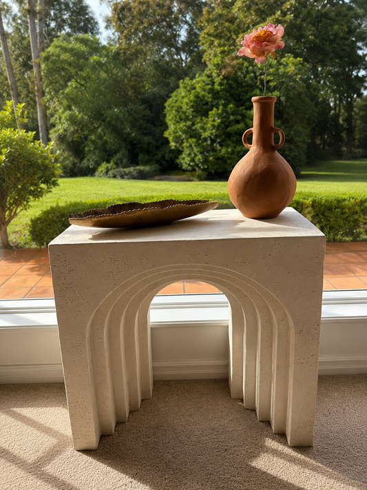Arcada MGO multi-layered arch mantel table rustic white