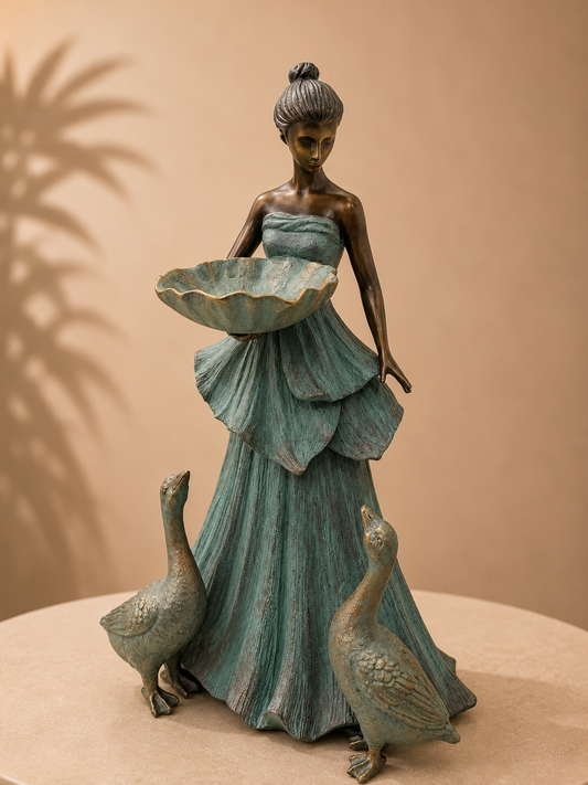 Carmen Bronze Gold Leaves Blue Dress Geese