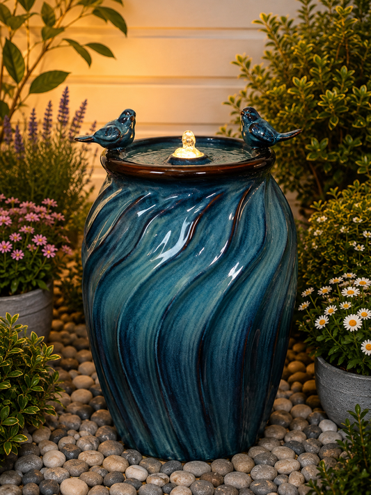 Isleta Glazed Ceramic Urn Shaped Blue Fountain with Birds