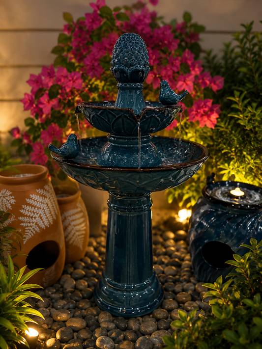 Carretera Glazed Ceramic Tiered Blue Fountain with Birds