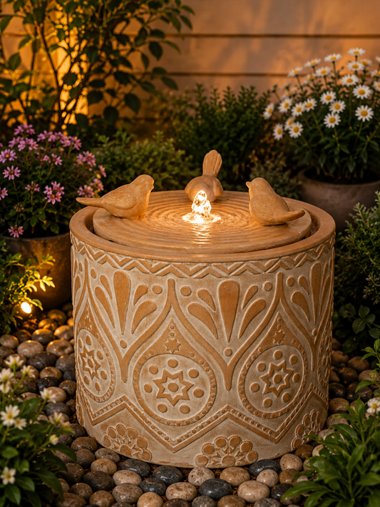 Balanegra Ceramic Water Feature in Clay Terracotta Earthy Colours with 3 Birds