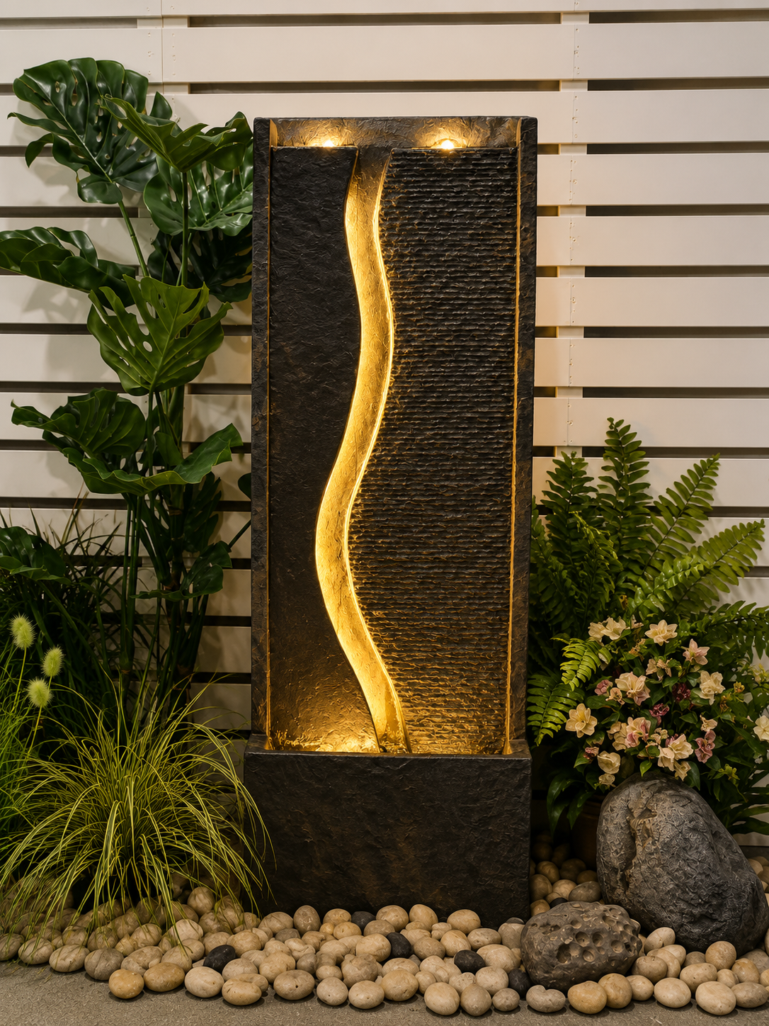 Maui Lights & Water Combo Natural Wall Water Feature Sublime Design