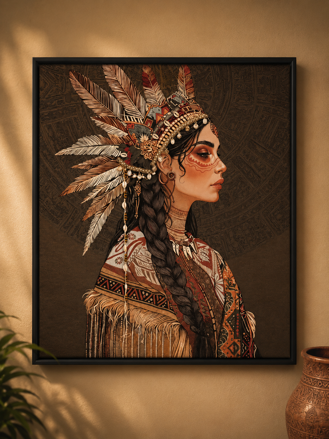 Native American Woman Printed Canvass Tapestry Texture Wall with 3D Jewellery Head Band