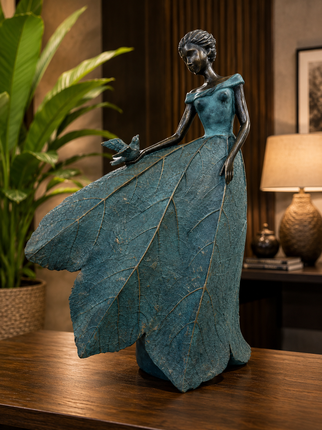 Meskina Elegant Lady in Bronze with Blue Leaves Dress New Collection