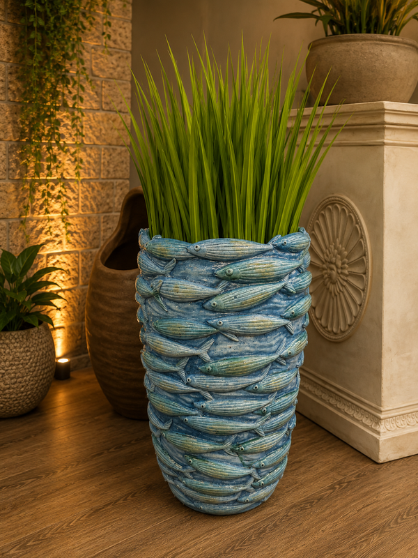 Pescara Light Med Blue School Fish Planter Design Outdoor