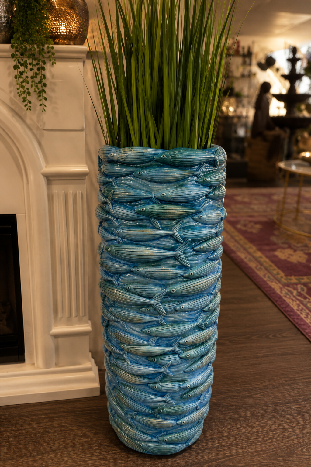 Brindisi Aqua Fish Design Planter Light Med Blue Colour Fish School Design