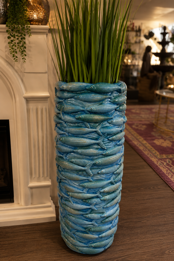 Brindisi Aqua Fish Design Planter Light Med Blue Colour Fish School Design