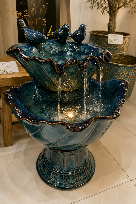 Valladoid Azzuro Blue Ceramic Fountain with Birdies