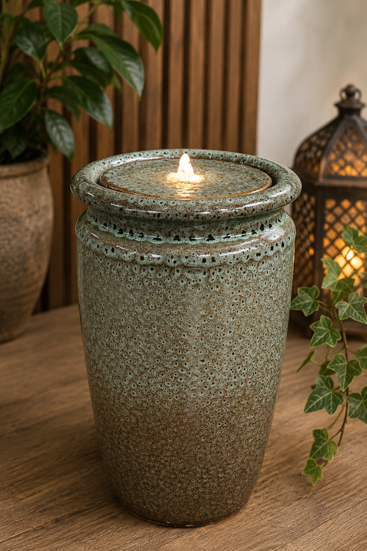 Aracena Glazed Ceramic Water Feature in Shades Green & Earthy Colours