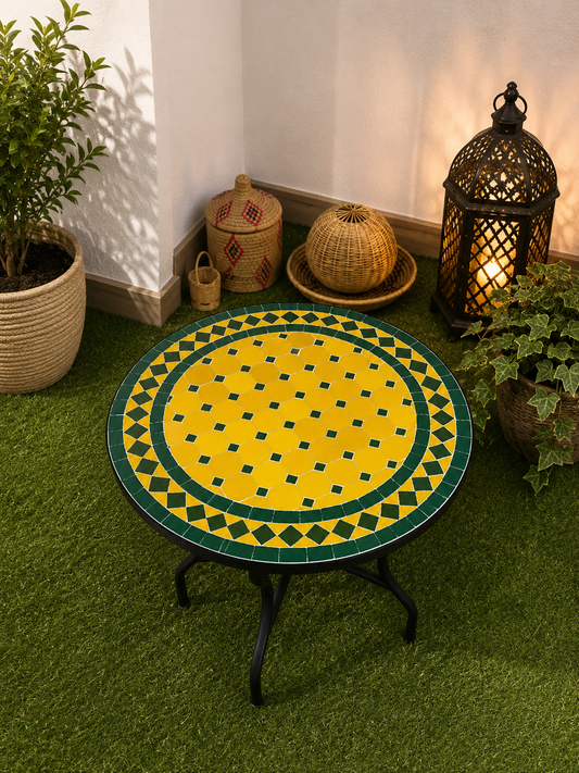 Emerald green and yellow table round made from mosaic for outdoor-indoor 100% handcrafted Moroccan tiles, Mid century Mosaic coffee table .