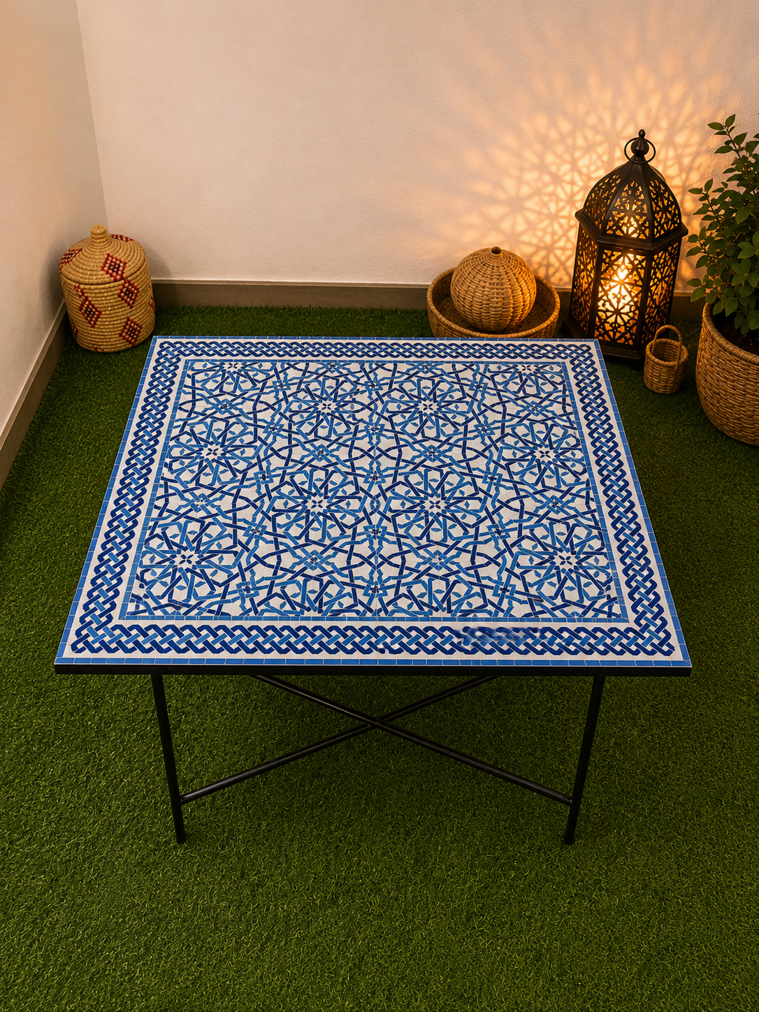 Modern table for indoor and outdoor - 100% handmade mosaic tiles - Customizable pattern and colors - Built with mid-century modern Flair.