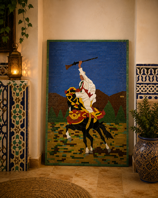 Moroccan mosaic wall hanging with wooden frame, small mosaic pieces horse Fantasia , wall mosaic decor mosaic art , tiles clay wall art