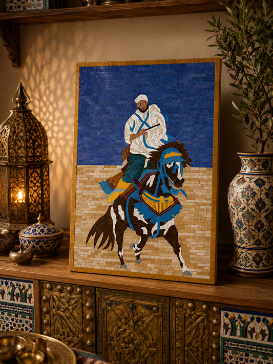 Moroccan mosaic wall hanging with wooden frame, small mosaic pieces horse Fantasia , wall mosaic decor mosaic art , tiles clay wall art