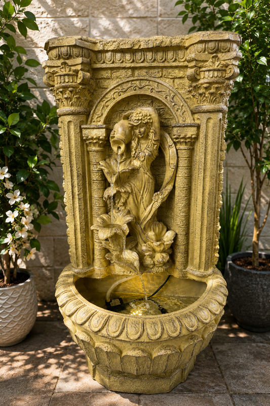 Cestina Wall Hanging Water Feature with Roman Lady Jugs & Flowers