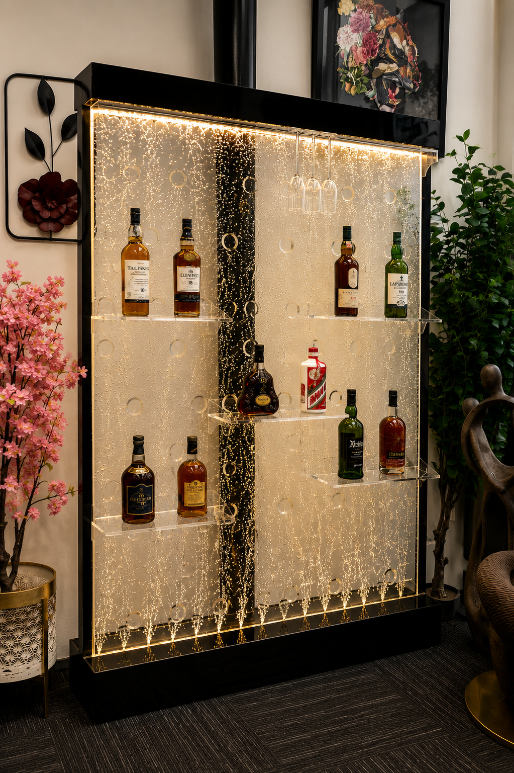 Bellagio Bar Cabinet Water Feature Wide and Functional with Shelves & Hanging Glasses