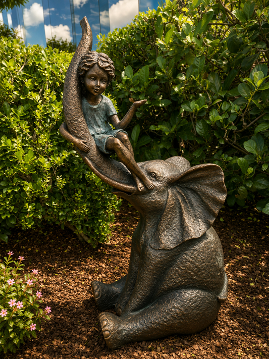 Boy on Elephant Trunk Garden Décor Ornament MGO Outdoor Landscaping Statue