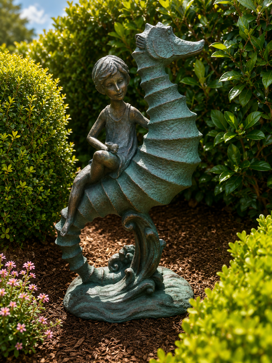 Girl on Seahorse Garden Décor Ornament MGO Outdoor Landscaping Statue