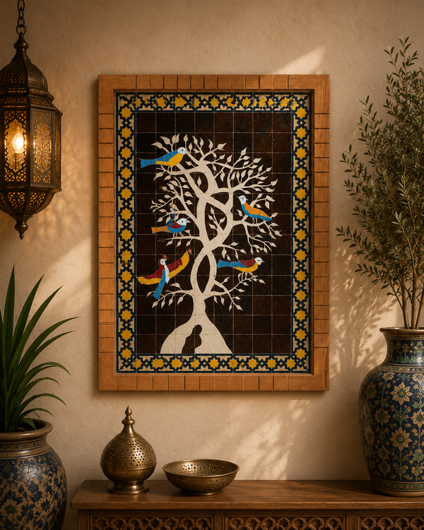 Moroccan Black mosaic wall hanging with wooden frame, small mosaic pieces birds on a tree, wall mosaic decor mosaic art  , tiles clay wall art