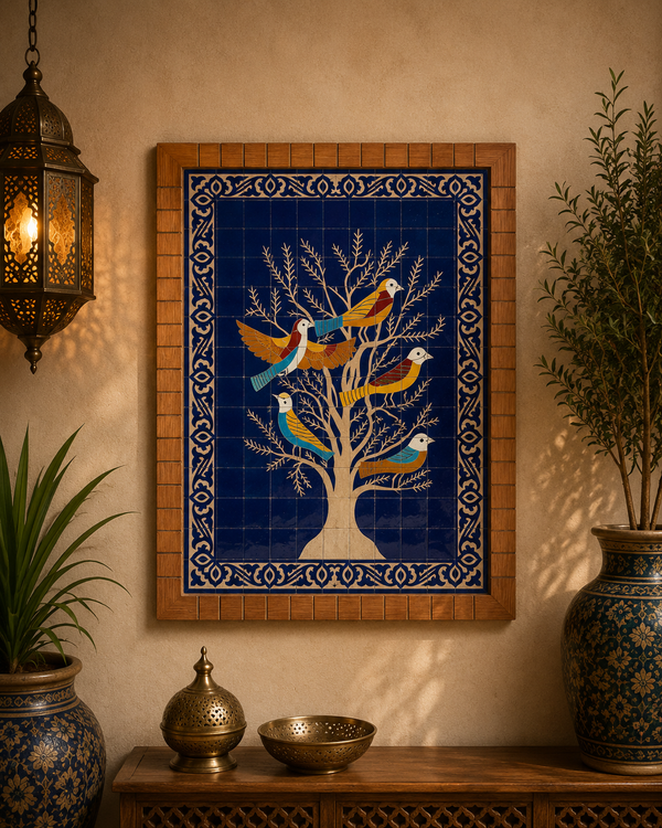 Moroccan mosaic wall hanging with wooden frame, small mosaic pieces birds on a tree, wall mosaic decor mosaic art  , tiles clay wall art