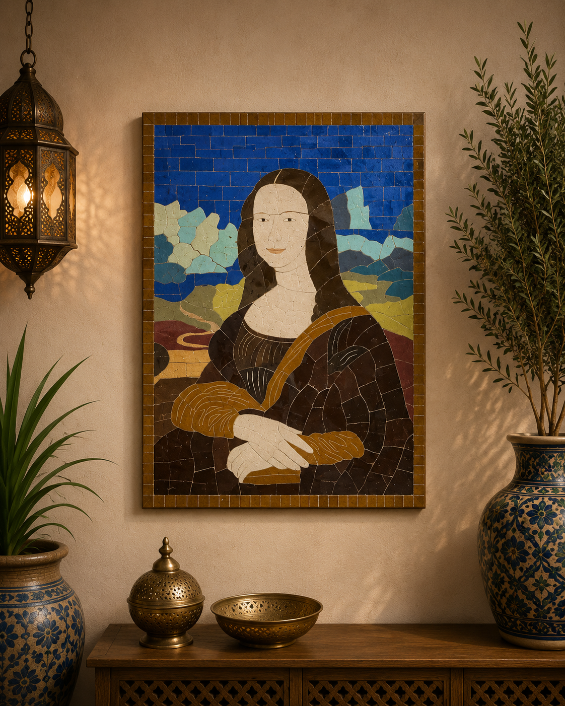 Moroccan mosaic wall hanging with Metal frame, small mosaic pieces Mona Lisa art work , wall mosaic decor mosaic art&nbsp; , tiles clay wall art