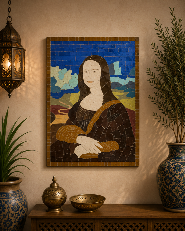 Moroccan mosaic wall hanging with Metal frame, small mosaic pieces Mona Lisa art work , wall mosaic decor mosaic art&nbsp; , tiles clay wall art
