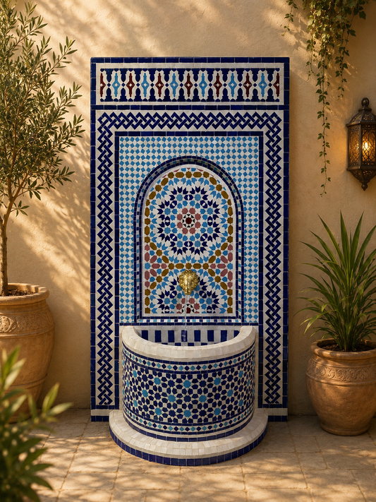 Fountain for garden,Moorish mosaic tile fountain Mosaic Artwork, water inside fountain, Moroccan Mosaic Fountain, terrace Indoor Decor.