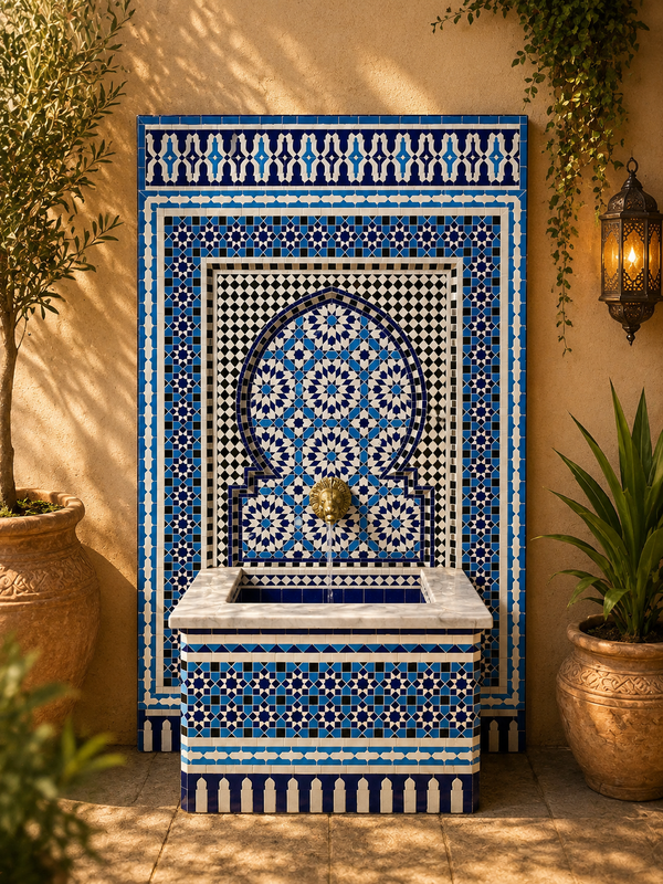 Moroccan mosaic fountain ,Moorish mosaic tile fountain Mosaic , water inside fountain, Moroccan Mosaic Fountain, terrace Indoor Decor.