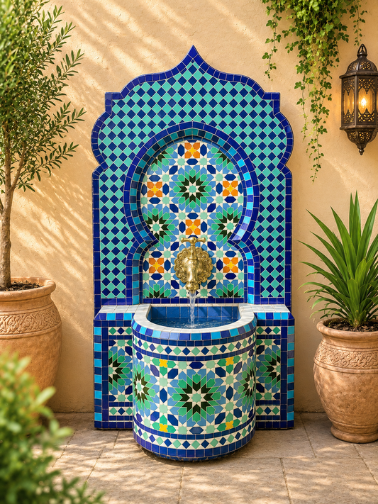 Fountain with colorful small mosaic, water inside fountain, Moroccan Mosaic Fountain, terrace Indoor Decor.