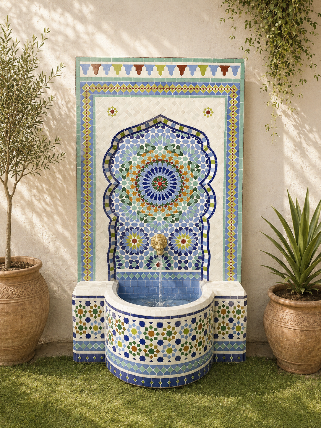 Mosaic Fountain Mandala design for Outdoor and Indoor, Mid Century Fountain water inside, Moroccan Mosaic Fountain