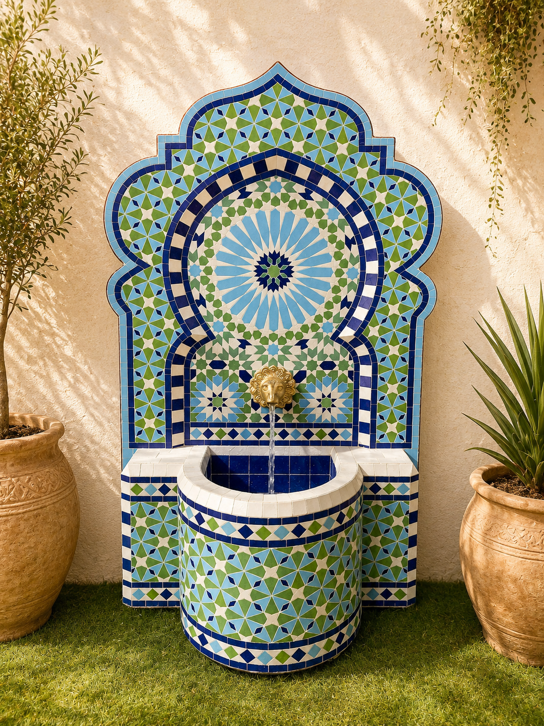 Mosaic Fountain for Outdoor and Indoor, Mid Century Fountain water inside, Garden Moroccan Mosaic Fountain