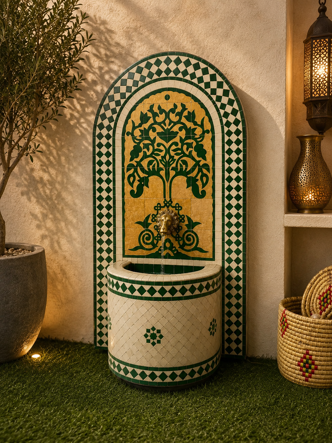 Emerald Green Mosaic Water Feature for outdoor and indoor - Tree of Life Fountain water Inside  -  Garden Moroccan Mosaic Fountain Modern