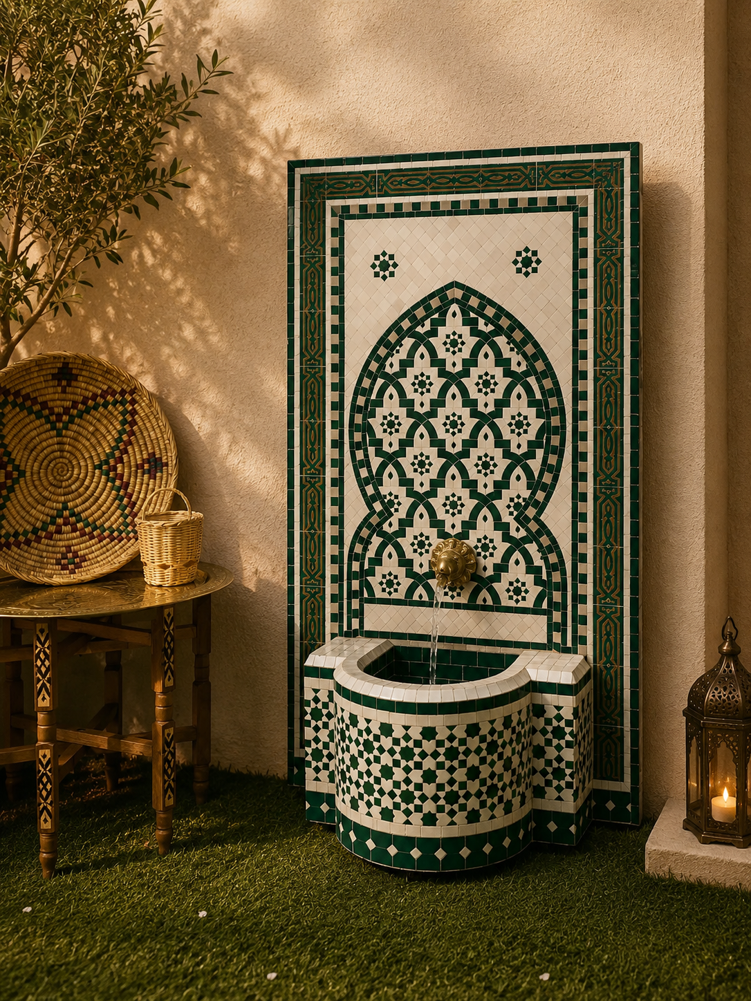 Handmade Moroccan Mosaic Fountain - Traditional Artisanal Water Feature - Handcrafted Islamic Art Fountain - green white Zellige Fountain