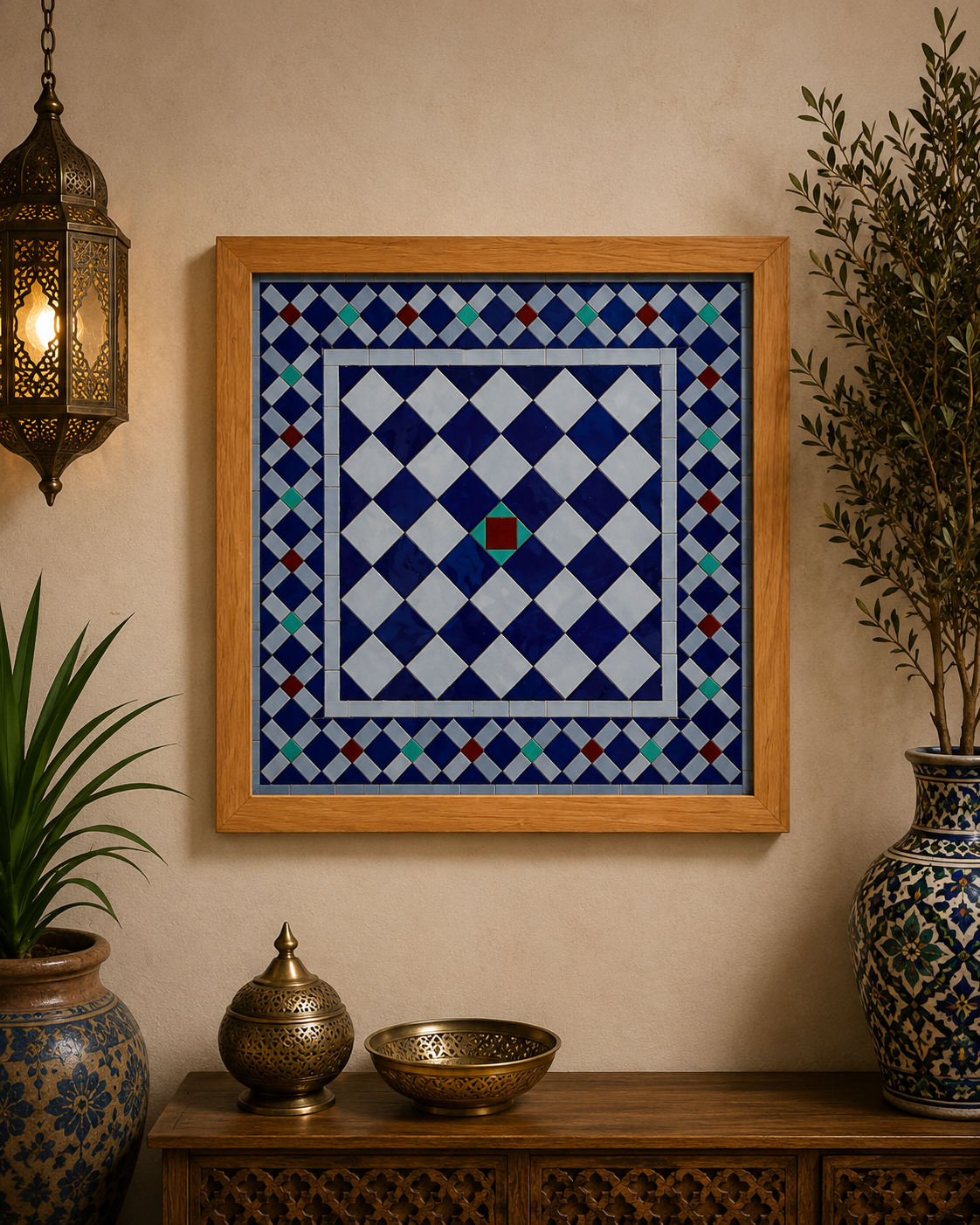 Moroccan mosaic in Alhambra palace mosaic wall hanging with wooden frame , wall decor mosaic art, tiles clay wall art . Alhambra