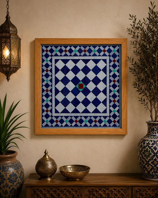 Moroccan mosaic in Alhambra palace mosaic wall hanging with wooden frame , wall decor mosaic art, tiles clay wall art . Alhambra