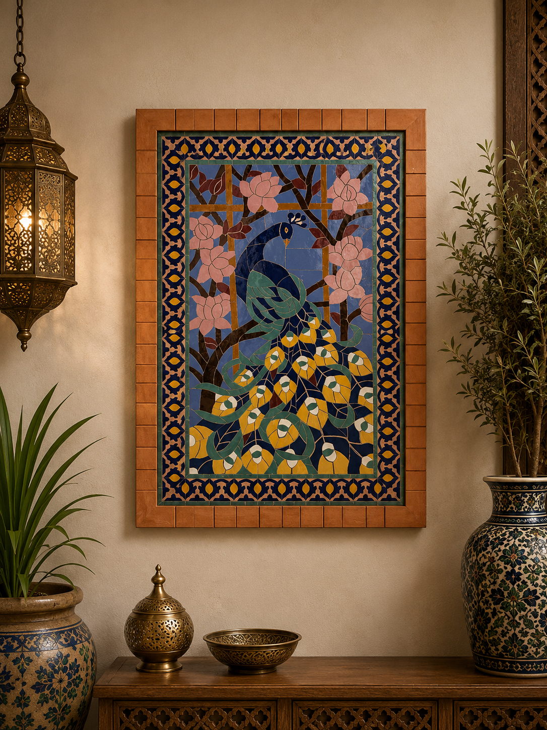 Moroccan mosaic peacock wall hanging with wooden frame, small mosaic pieces peacock , wall mosaic decor mosaic art  , tiles clay wall art