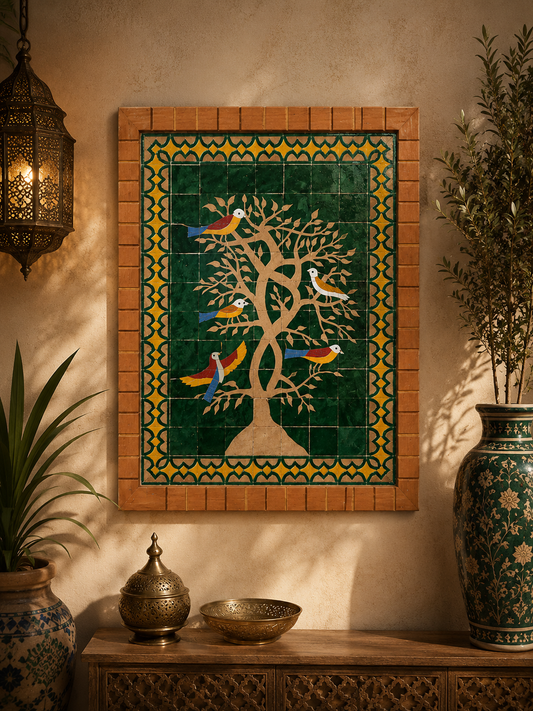 Moroccan Green mosaic wall hanging with wooden frame, small mosaic pieces birds on a tree, wall mosaic decor mosaic art  , tiles clay wall art