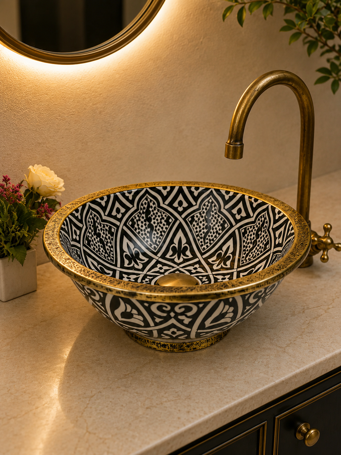 Brass Rimmed ceramic sink - bathroom Basin with Mid-Century Modern flair - Farmhouse Basin sink - luxury bathroom washbasin black and gold