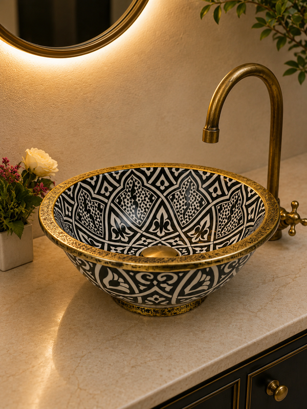 Brass Rimmed ceramic sink - bathroom Basin with Mid-Century Modern flair - Farmhouse Basin sink - luxury bathroom washbasin black and gold