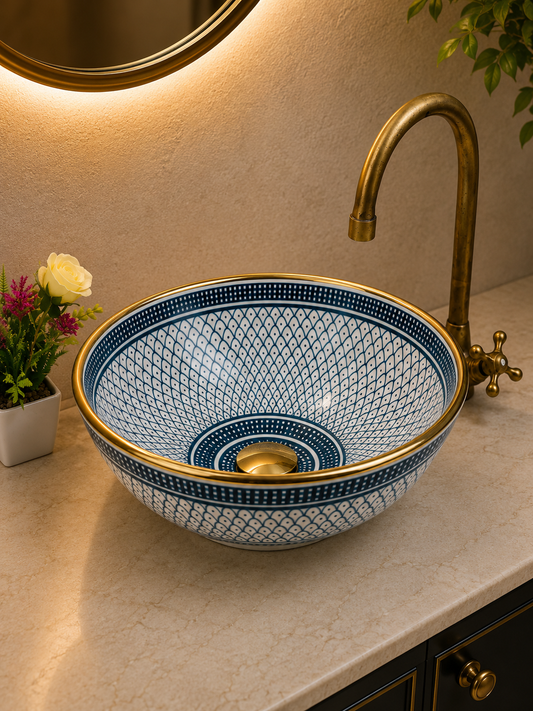 Bathroom Ceramic sink 14K Gold, hand painted bathroom ceramic washbasin, Custom Luxury handmade counter top basin