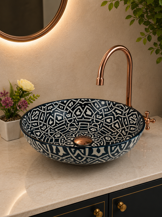 bathroom vessel sink Black minimalist - 100% handmade hand painted - ceramic sink decor built with mid century modern Flair + gift