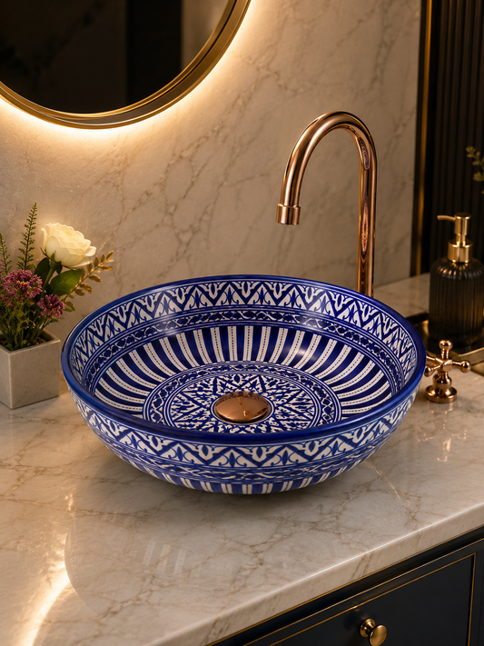 Blue minimalist basin - Bathroom vessel sink -  100% handmade hand painted - ceramic sink decor built with mid century modern Flair + gift