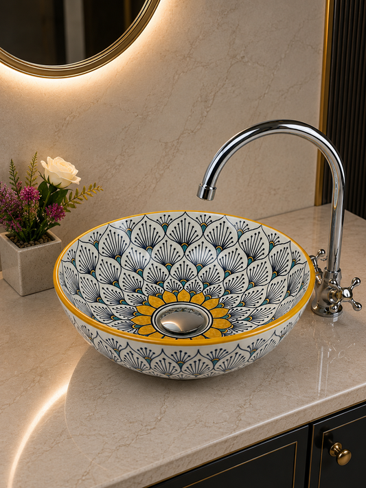 Sun flower bathroom vessel sink made from ceramic 100% handmade hand painted for bathroom - sink decor built with mid century modern Flair