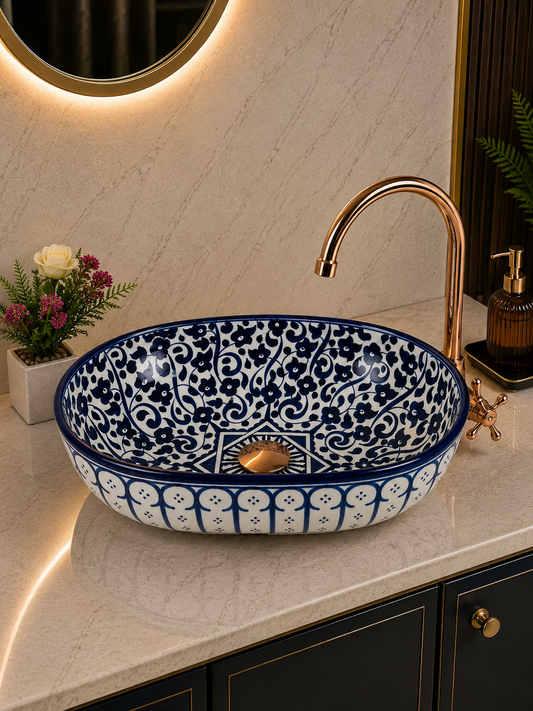 Mid century modern oval blue sink flower - farmehouse bathroom vessel washbasin ovel