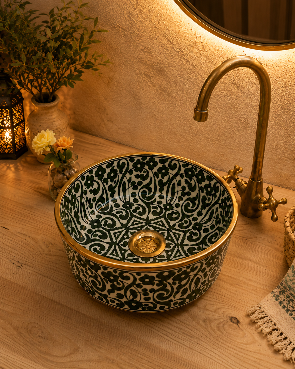Green Bathroom vessel sink made from ceramic 100% handmade hand painted, ceramic sink decor built with mid century modern styling