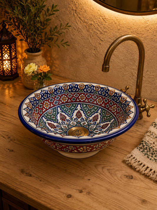 Moroccan Bathroom vessel sink made from ceramic 100% handmade hand painted, Bathroom mid century modern styling