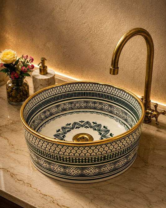 Personalization sink 14k gold emerlad green bathroom washbasin mid century hand painted sink