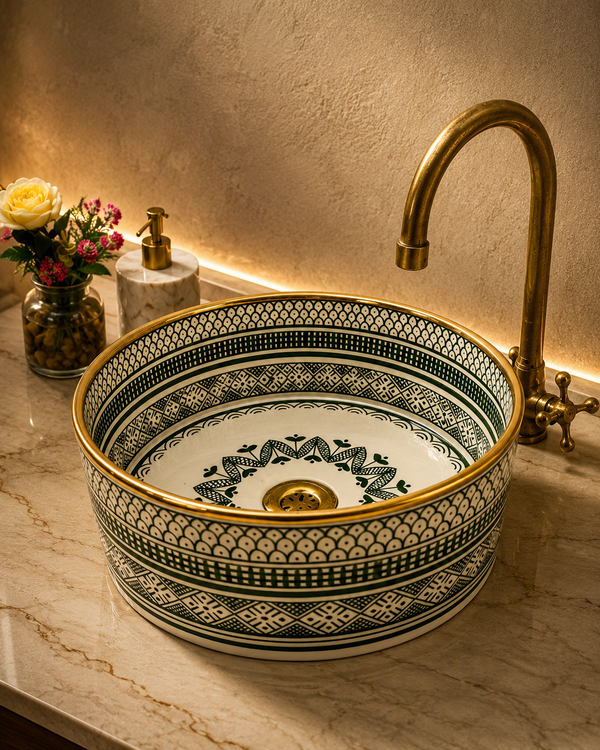 Personalization sink 14k gold emerlad green bathroom washbasin mid century hand painted sink