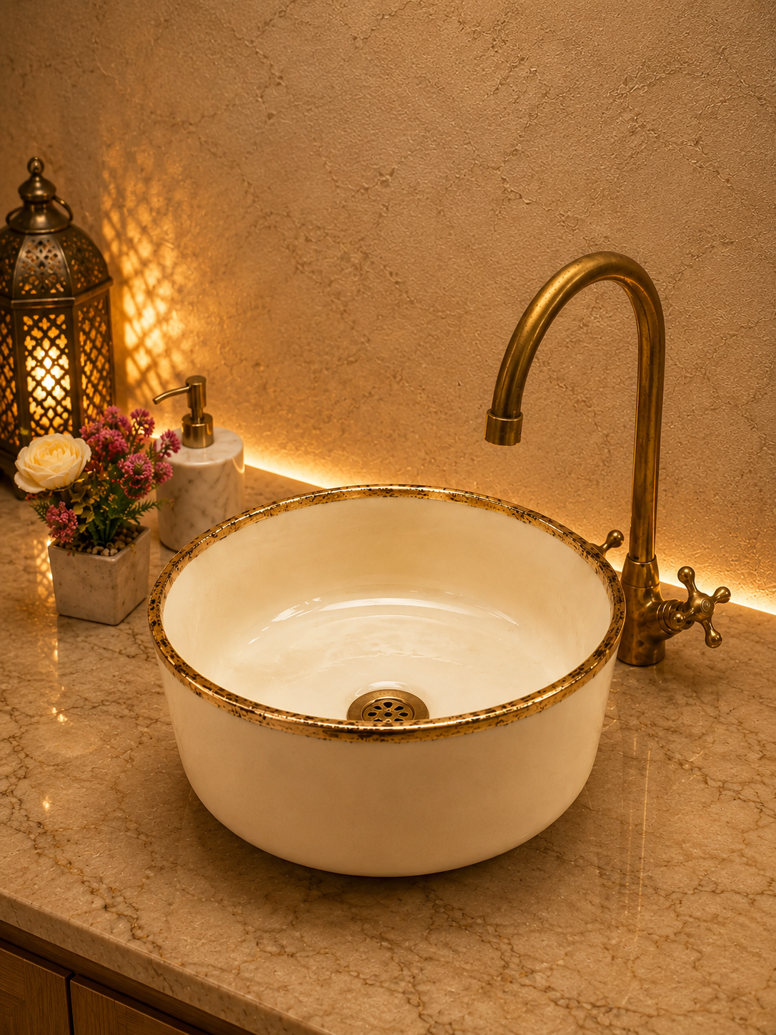 Bathroom veseel sink Brushed Solid Brass Rimmed  -  washBasin with Mid-Century Modern  - Artisanal Farmhouse basin free gift with